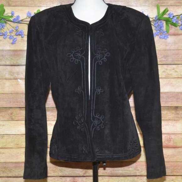 Vintage 80's Evan Davies Black Suede Leather Embroidered Blazer Jacket Size 10 - Picture 1 of 13